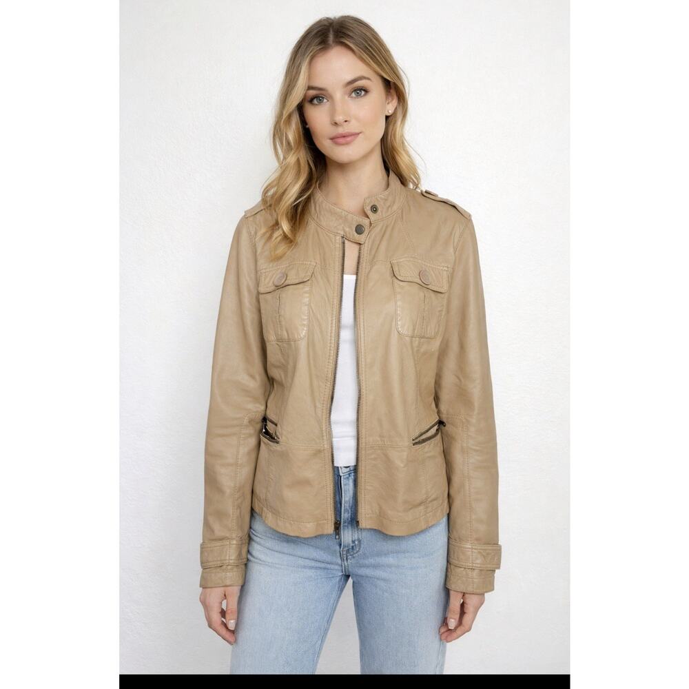 Black Rivet Genuine Leather Jacket Women’s Tan Beige Zip-Up Moto Style